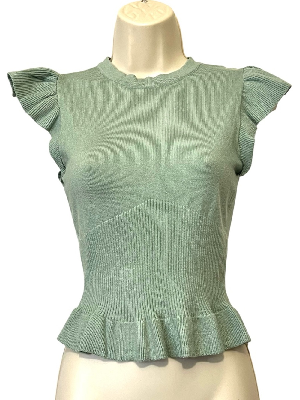 And Now This Rib-Knit‎ Ruffle-Sleeve Peplum Top, Color Soft Mint Green, Size XXS